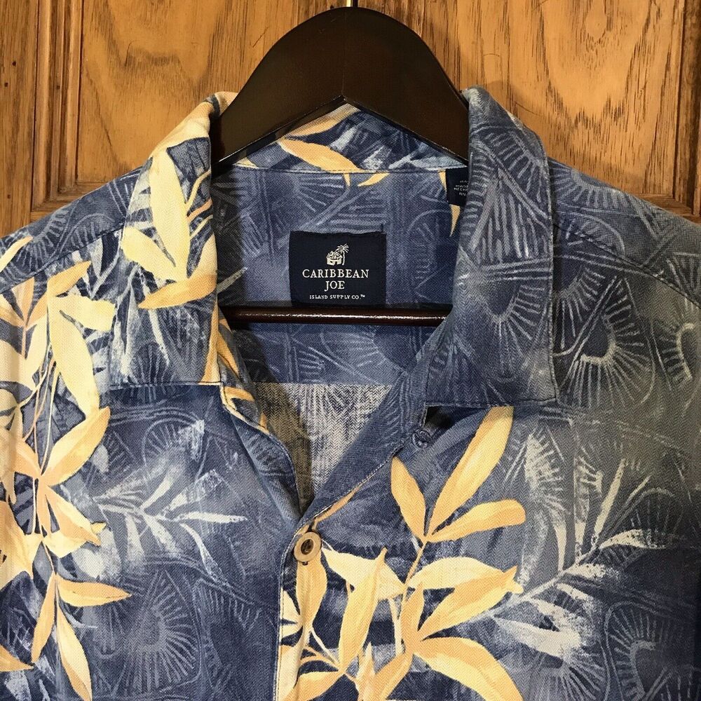 VTG Caribbean Joe Island Supply Co. XL Blue Silk Hawaiian Camp Shirt Button Loop